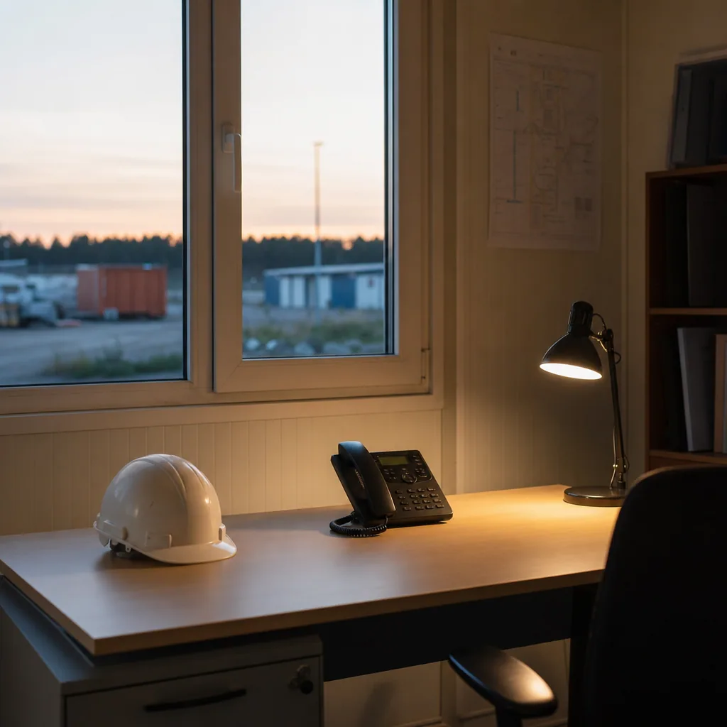 Quiet field office in the evening with a single phone and a hard hat on a desk.