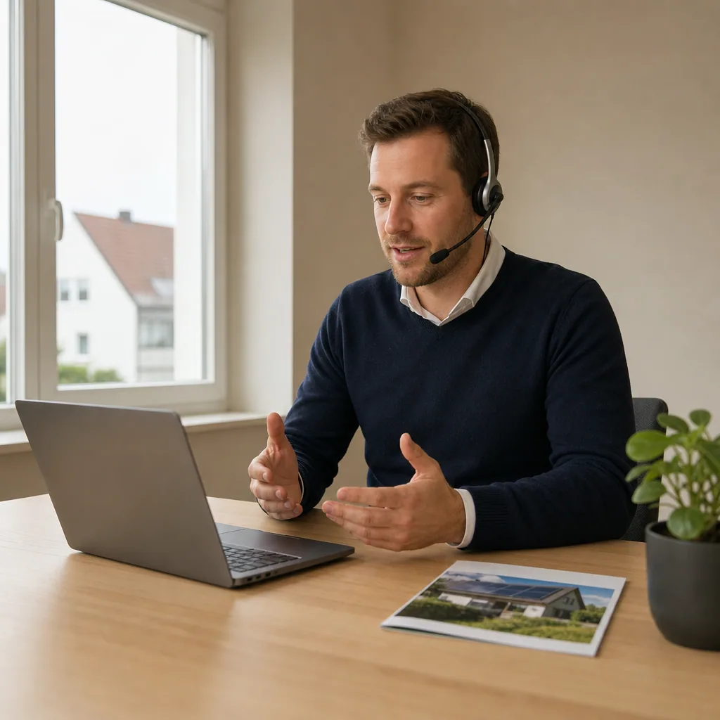 Solar sales rep at a calm desk with a brochure and headset, single laptop in front.