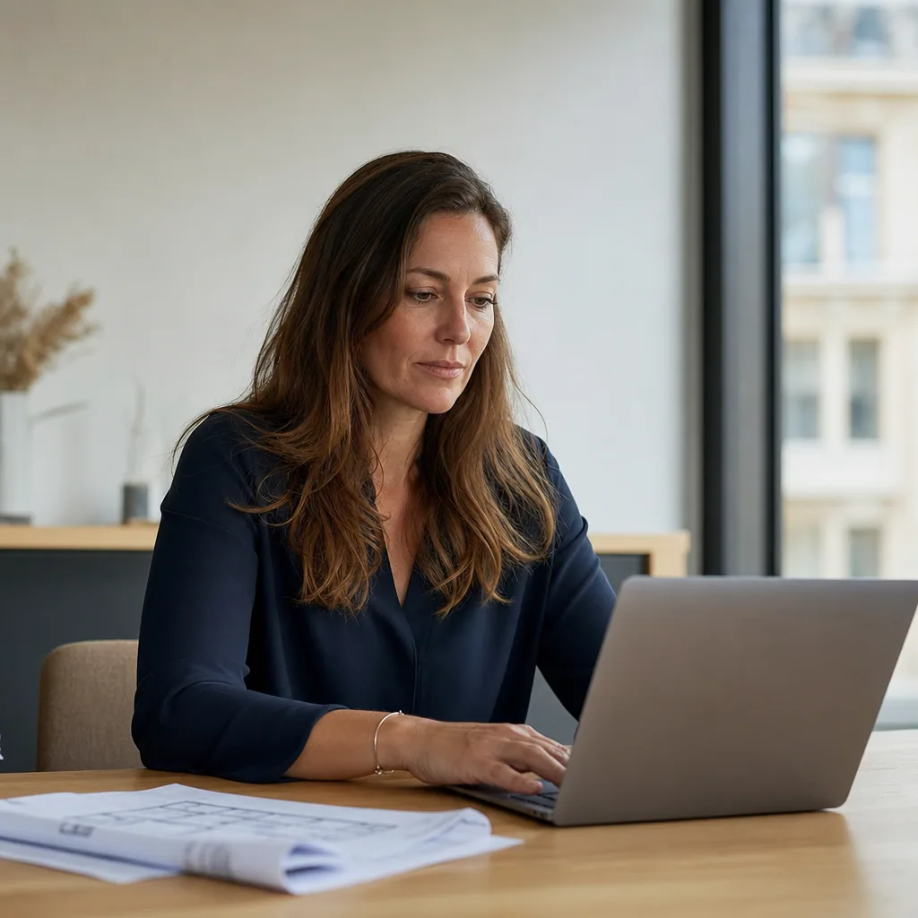 Project manager at a calm office desk with a single laptop and a building plan.