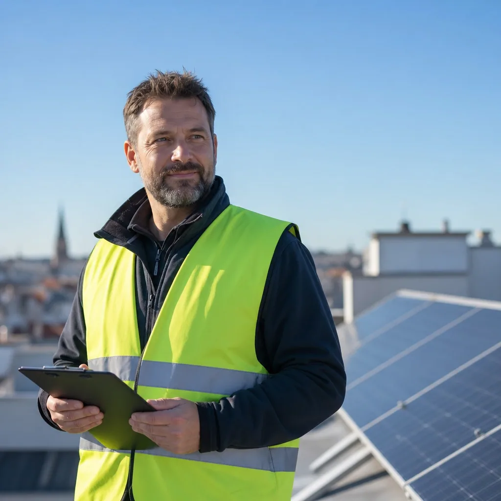 Installer in a high-vis vest holding a clipboard on a clean rooftop with solar panels.