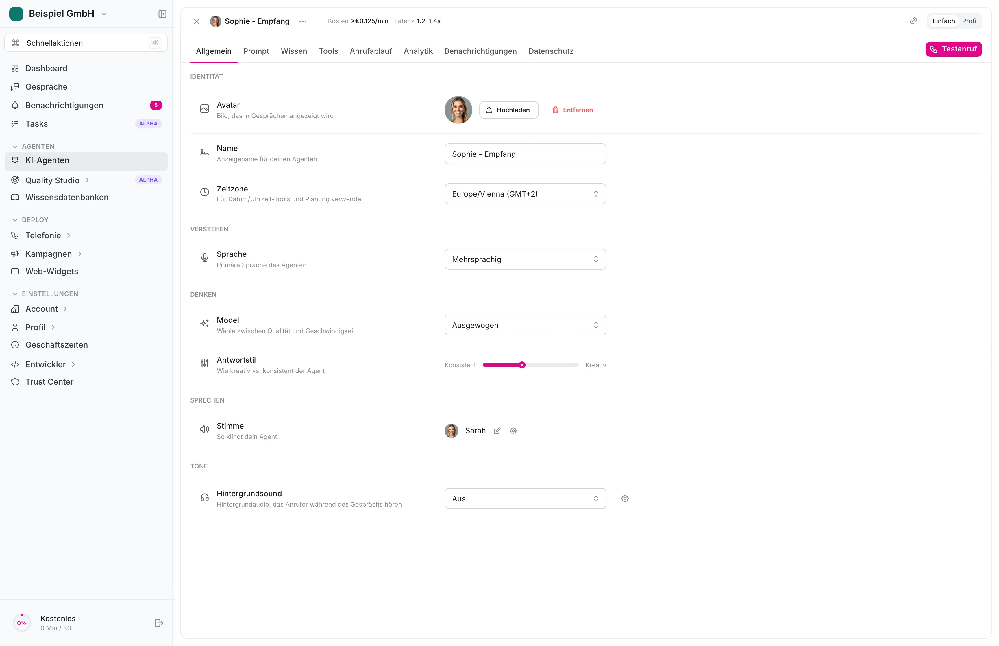 itellicoAI Agent Editor — Identity, voice, and sounds